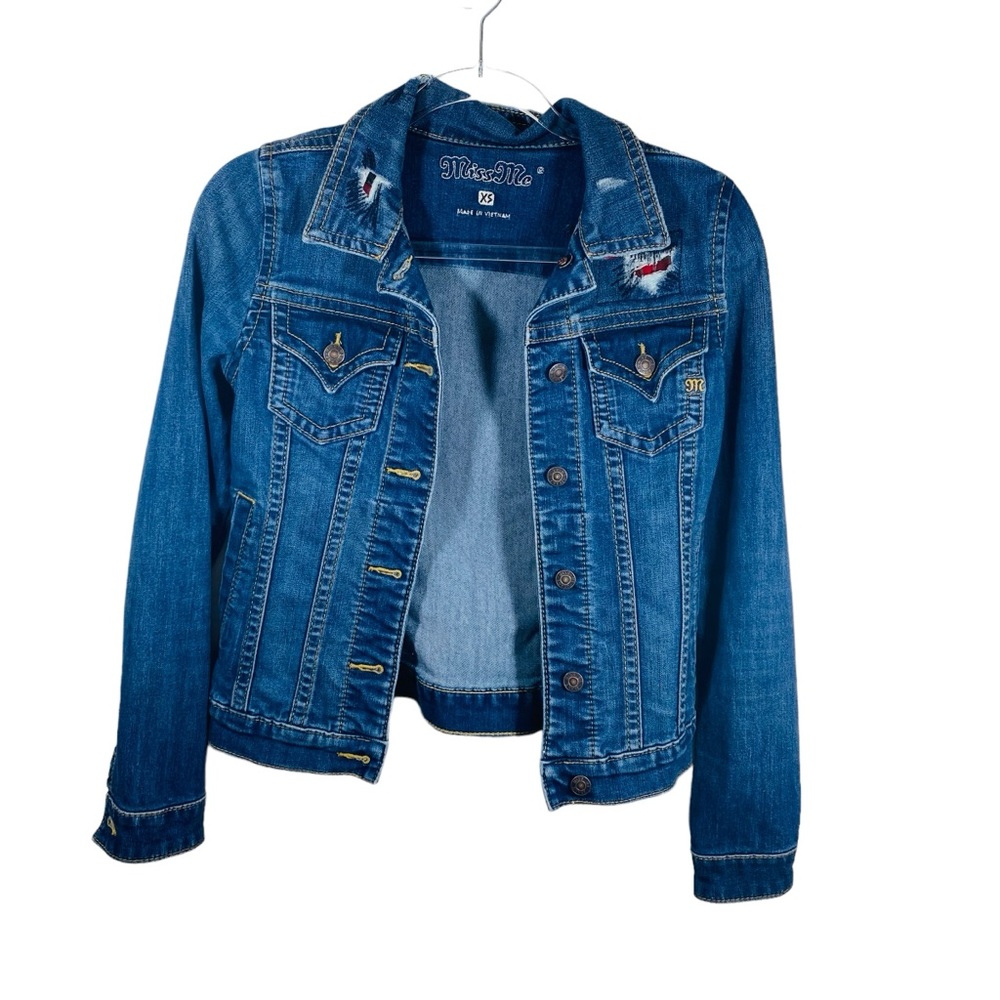 Miss Me Jeans Denim Blue Jacket Size XS Patchwork Appliqué Cotton Style JJ9035A